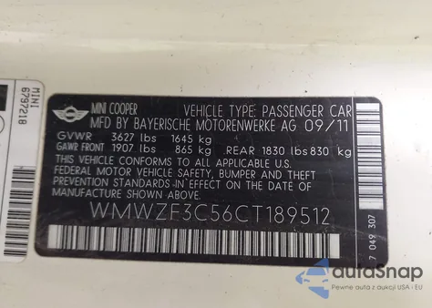 2012 Mini Cooper Clubman z USA, uszkodzony, nr VIN WMWZF3C56CT189512